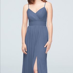 Spaghetti Strap Ruched Waist Mesh Bridesmaid Dress